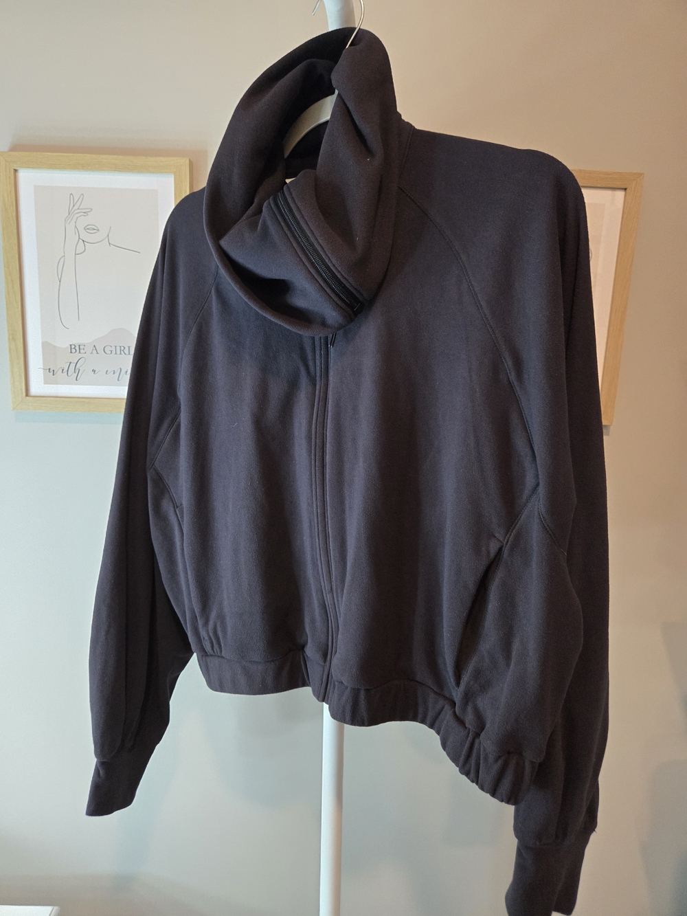 Black Funnel Neck Zip-Front Hoodie